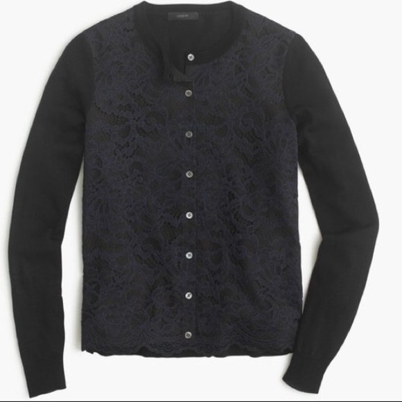 NWOT J. CREW Lace Panel Cardigan Merino Wool Sweater Blue Black Size L Large - Picture 3 of 6